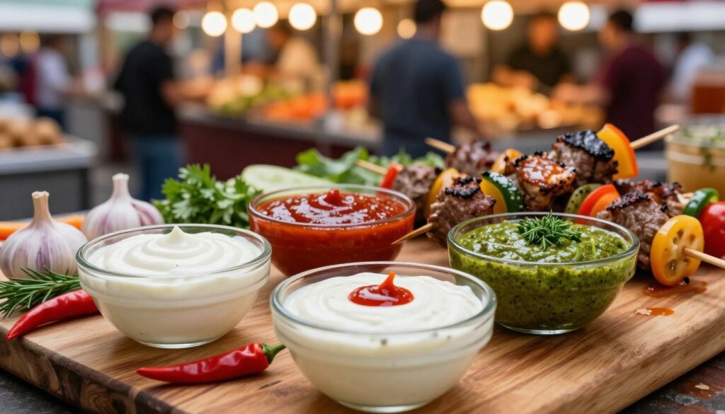 A vibrant display of various kebab sauces in elegant glass bowls, including a creamy white sauce, spicy red sauce, and herby green sauce. In the foreground, focus on a fresh kebab skewer with tender grilled meat and colorful vegetables, glistening with a drizzle of sauce. The middle ground features a wooden cutting board adorned with fresh ingredients like garlic, herbs, and sliced chili peppers. The background showcases a lively street food market ambiance, with soft, warm lighting creating an inviting atmosphere. A shallow depth of field captures the details of the sauces and kebab, while blurring the bustling market scene. The overall mood is rich and flavorful, inviting gourmet experiences for discerning food lovers.