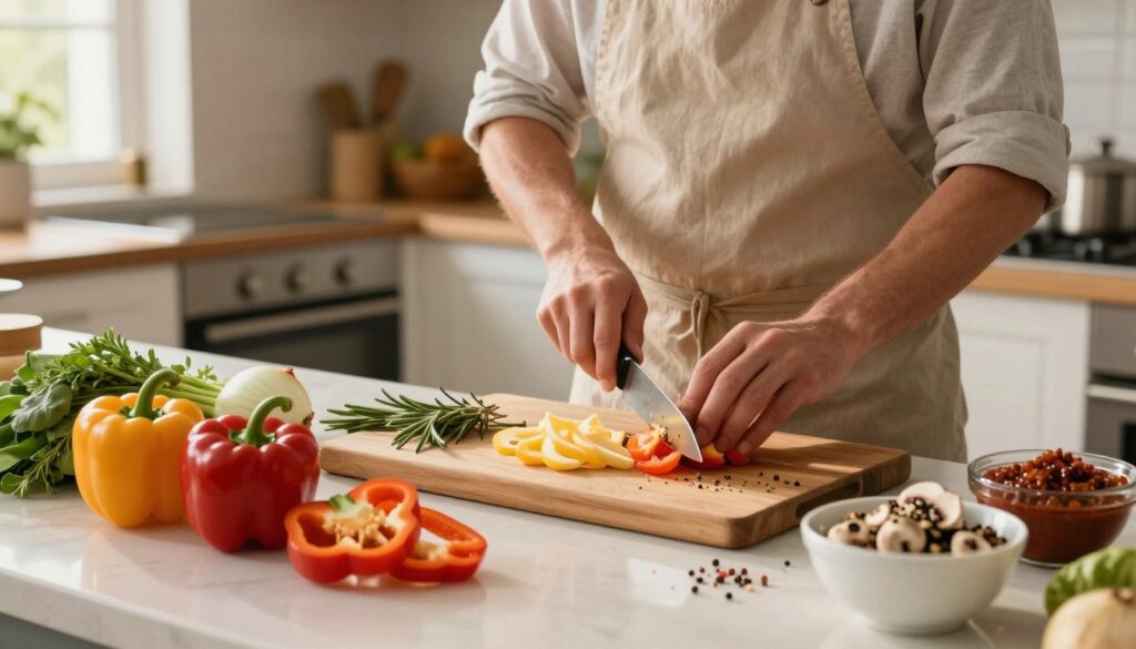 A vibrant kitchen countertop scene featuring the preparation of ingredients for a casserole. In the foreground, fresh vegetables like sliced bell peppers, onions, and mushrooms are artistically arranged next to bowls of creamy cheese and savory sauces. A wooden cutting board showcases herbs and spices ready for use, with a knife glinting under warm, inviting light. In the middle ground, a chef in modest casual clothing is skillfully chopping more ingredients, focused on the task. The background reveals an oven set to the perfect temperature, with a pleasant homely kitchen ambiance, soft natural lighting coming through a window. The mood is warm and inviting, emphasizing the art of cooking and the joy of preparing a delicious meal.