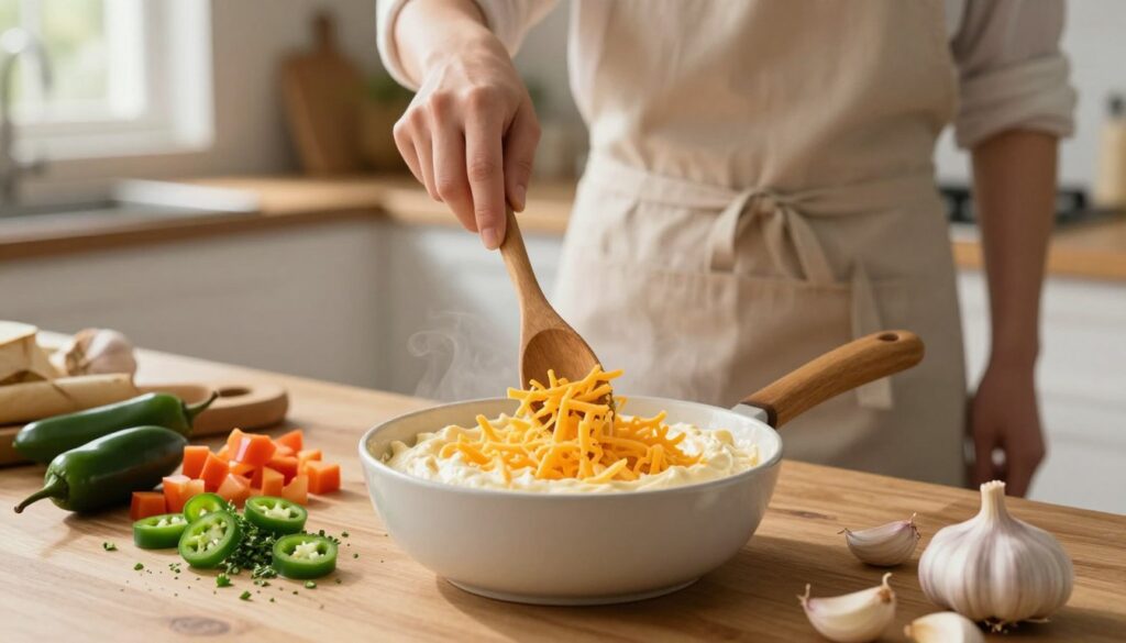 A vibrant kitchen scene featuring a close-up view of a creamy cheese dip being prepared on a wooden countertop. In the foreground, a small bowl of freshly shredded cheddar cheese is being melted in a saucepan, with steam gently rising. Surrounding the dip are colorful ingredients like diced jalapeños, garlic cloves, and a sprinkle of chopped herbs, artistically arranged. In the middle background, a hand wearing a modest cooking apron stirs the cheese mixture with a wooden spoon, focusing intently on the task. The kitchen is warmly lit with soft, natural light pouring in from a nearby window, creating a cozy ambiance. A blurred backdrop displays an inviting kitchen setting that enhances the atmosphere of preparation and comfort, evoking a sense of homemade indulgence perfect for movie night.