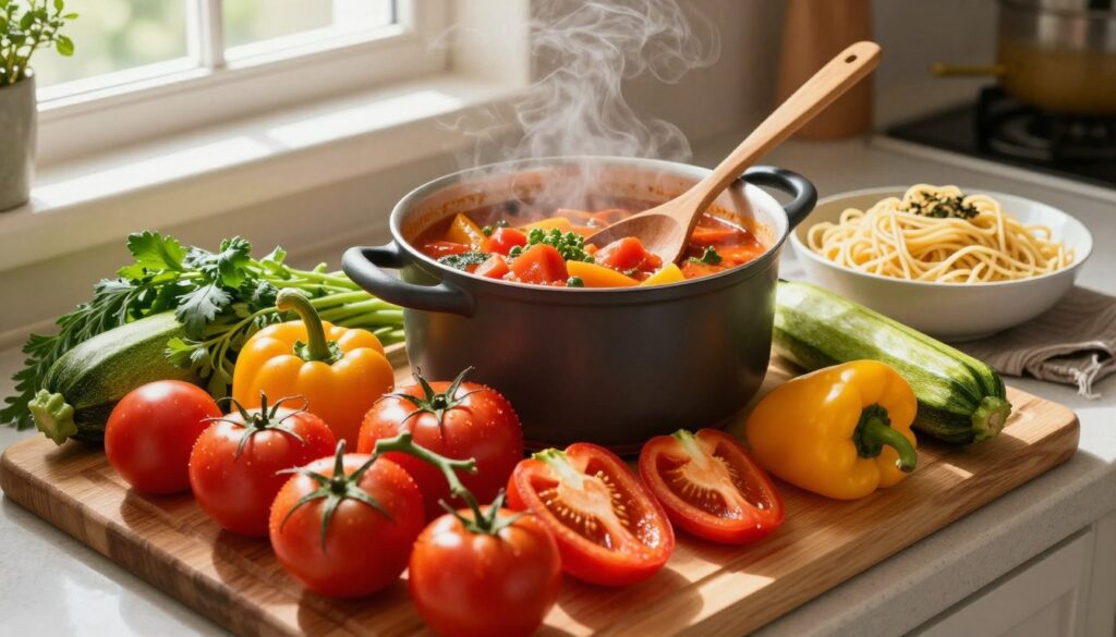 A vibrant kitchen scene featuring a freshly prepared vegetable sauce for pasta. In the foreground, a wooden cutting board is displayed with an array of colorful, seasonal vegetables such as ripe tomatoes, bell peppers, zucchini, and fresh herbs. In the middle ground, a pot bubbling with the vegetable sauce emits steam, surrounded by a rustic wooden spoon and a bowl of cooked pasta. The background showcases a warm, inviting kitchen with soft natural lighting streaming through a window, casting gentle shadows. The ambiance is cozy and inviting, highlighting the freshness and healthfulness of the ingredients, conveying a sense of homemade goodness and culinary creativity. The angle is slightly top-down to capture the entire composition attractively.