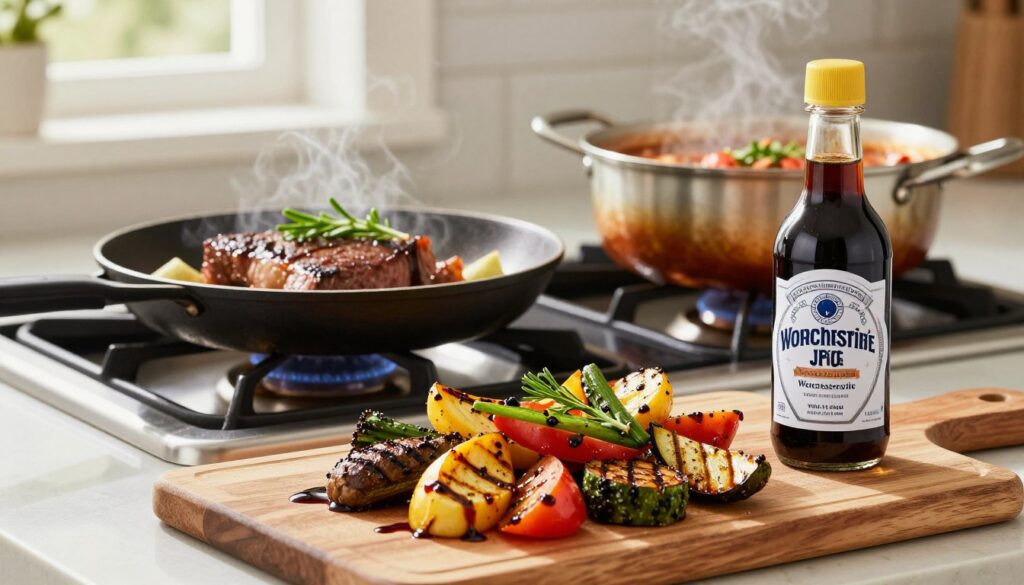 A vibrant kitchen scene featuring a variety of dishes creatively showcasing Worcestershire sauce as a key ingredient. In the foreground, a beautifully arranged wooden cutting board displays marinated grilled vegetables drizzled with Worcestershire sauce, along with a small elegant bottle of the sauce. In the middle ground, a stovetop simmers a flavorful steak dish, sizzling and garnished with herbs, and a pot of rich stew bubbling on another burner, all enhanced with Worcestershire. The background offers hints of a modern kitchen, with bright natural light filtering through a window, creating a warm, inviting atmosphere. The overall mood is lively and appetizing, highlighting the practical applications of this flavorful condiment in everyday cooking, captured from a slightly angled perspective to emphasize depth and detail.