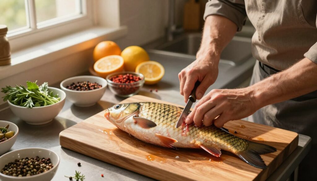 A vibrant kitchen scene illustrating the preparation of carp before marinating. In the foreground, a polished wooden cutting board displays a freshly cleaned, whole carp, glistening in the soft golden light coming from a nearby window. A chef, dressed in modest casual attire, is carefully using a sharp knife, methodically removing scales and gutting the fish, with a look of focus and expertise on their face. In the middle background, bowls filled with various marinade ingredients—aromatic herbs, spices, and citrus fruits—are artfully arranged, adding color and texture. The ambiance is warm and inviting, evoking a sense of culinary creativity and tradition, with soft shadows dancing across the kitchen counters. The photograph is taken from a slight overhead angle to capture the details and ingredients effectively.