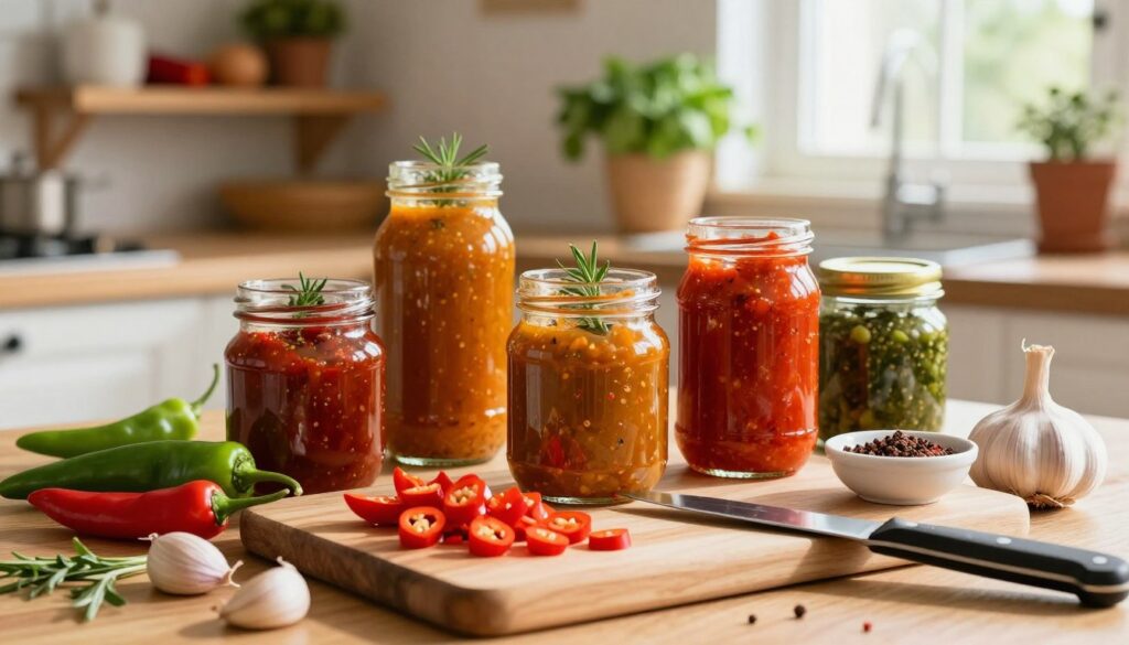 A vibrant kitchen scene showcasing a variety of chili and garlic-infused sauces in jars. In the foreground, a wooden cutting board features chopped fresh red and green chilies, whole garlic cloves, and a small bowl of spices, with a sharp knife resting beside it. The middle background displays several glass jars filled with sauces, each with a different color and texture, some topped with herbs for freshness. The background reveals a softly lit kitchen with rustic wooden shelves, and potted herbs, evoking a warm and inviting atmosphere. Natural light pours in from a nearby window, casting gentle shadows and highlighting the rich colors of the ingredients.