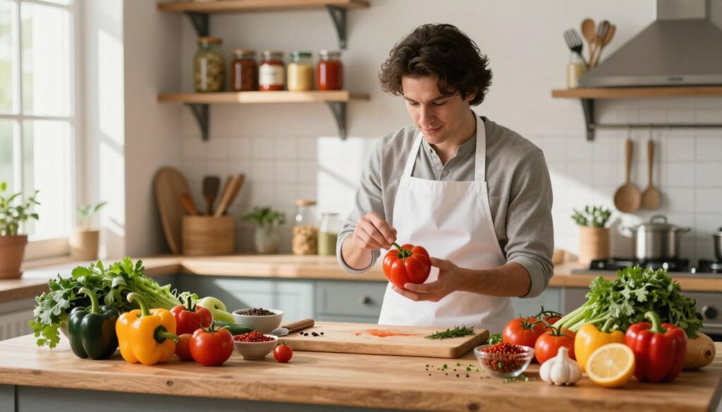 A vibrant kitchen scene showcasing a variety of fresh ingredients creatively arranged on a rustic wooden countertop. In the foreground, colorful vegetables like bell peppers, tomatoes, and fresh herbs are scattered beside bowls of spices. In the middle, a chef, dressed in a crisp white apron and casual attire, curiously examines a selection of ingredients, contemplating a quick sauce. The background features cozy kitchen shelves filled with jars of sauces, utensils, and cookbooks, illuminated by warm, natural light streaming through a window, casting soft shadows. The atmosphere is inviting and lively, evoking inspiration for quick meal preparation while highlighting the creative use of fridge ingredients.