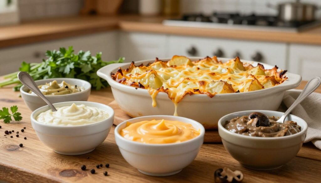 A vibrant kitchen scene showcasing an array of delicious sauces for potato casserole. In the foreground, a rustic wooden table features small bowls filled with various sauces: a creamy garlic sauce, a sharp cheddar cheese sauce, and a rich mushroom sauce, each with a spoon for serving. The middle ground includes a tantalizing potato casserole, golden and bubbling, with melted cheese stretching as it’s served. In the background, a well-lit kitchen with warm, inviting colors highlights fresh herbs and spices, evoking a cozy atmosphere. Soft, diffused lighting enhances the textures of the sauces and food, while a slight overhead angle captures the full scene. The mood is warm and inviting, perfect for a culinary article.