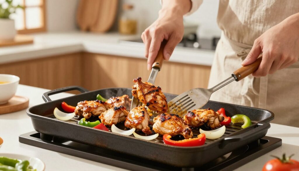 A vibrant kitchen scene showcasing grilled chicken being sautéed on a well-used grill pan. In the foreground, the pan is filled with marinated chicken pieces, glistening from the heat, highlighting their golden-brown crispiness. Juicy vegetables like bell peppers and onions are interspersed around the chicken, adding color and texture. In the middle ground, a pair of hands in modest, casual attire are skillfully flipping the chicken with a spatula, conveying a sense of action and expertise. The background features a softly lit kitchen with bamboo accents and Asian-inspired decor, creating a warm, inviting atmosphere. The lighting is bright but soft, enhancing the food's appeal while casting gentle shadows on the counter, promoting a lively, appetizing feel.