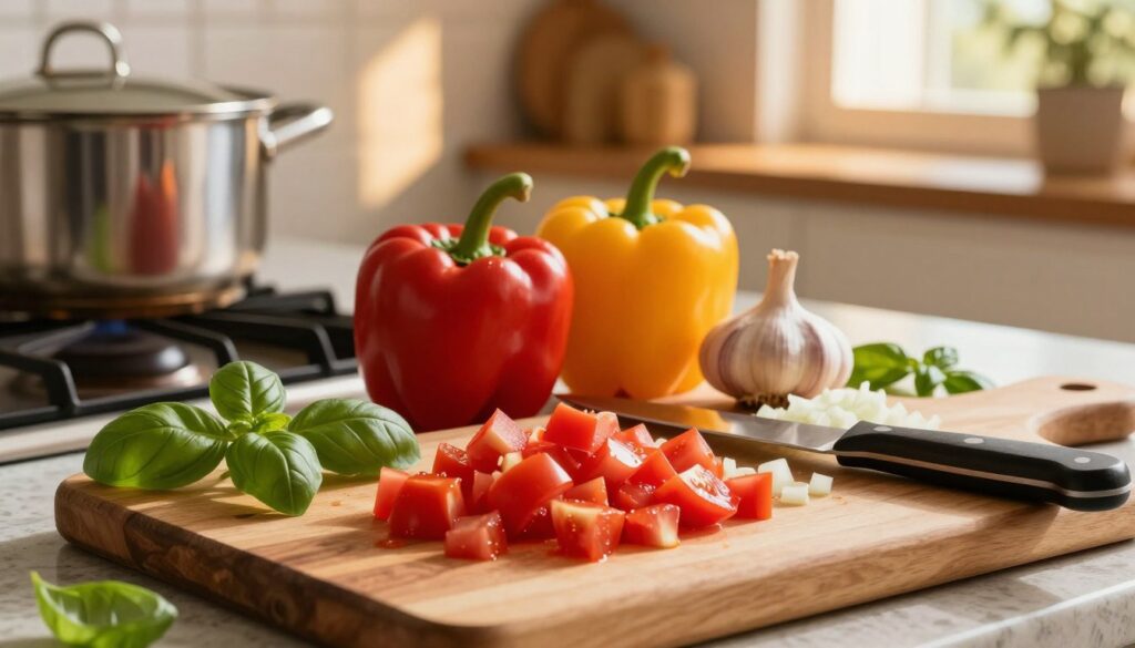 A vibrant kitchen scene showcasing the preparation of fresh vegetables for tomato sauce. In the foreground, a wooden cutting board is adorned with diced red tomatoes, chopped onions, and vibrant green basil leaves, with a sharp knife resting nearby. In the middle ground, a set of colorful bell peppers and ripe garlic cloves are arranged artistically, with a steaming pot on the stove hinting at the cooking process. The background features a rustic kitchen ambiance with warm, golden lighting streaming through a window, casting gentle shadows. The mood is inviting and homely, suggesting the warmth of Italian culinary traditions, perfect for inspiring a sense of comfort and creativity in cooking.