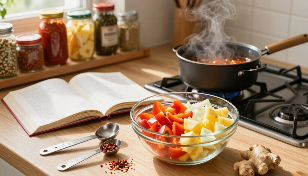 A vibrant kitchen scene showcasing the process of combining ingredients for a sweet and sour sauce. In the foreground, a glass bowl filled with colorful diced bell peppers, diced pineapples, and chopped onions, surrounded by measuring spoons and an assortment of spices like chili flakes and ginger. The middle features an open recipe book with handwritten notes, alongside a small pot simmering on a stovetop, with steam gently rising. The background includes shelves lined with jars of sauces and spices, bathed in warm, natural light from a window, creating a cozy, inviting atmosphere. The angle is slightly overhead, capturing both the detailed ingredients and the comforting kitchen environment, ensuring a professional and appetizing mood.