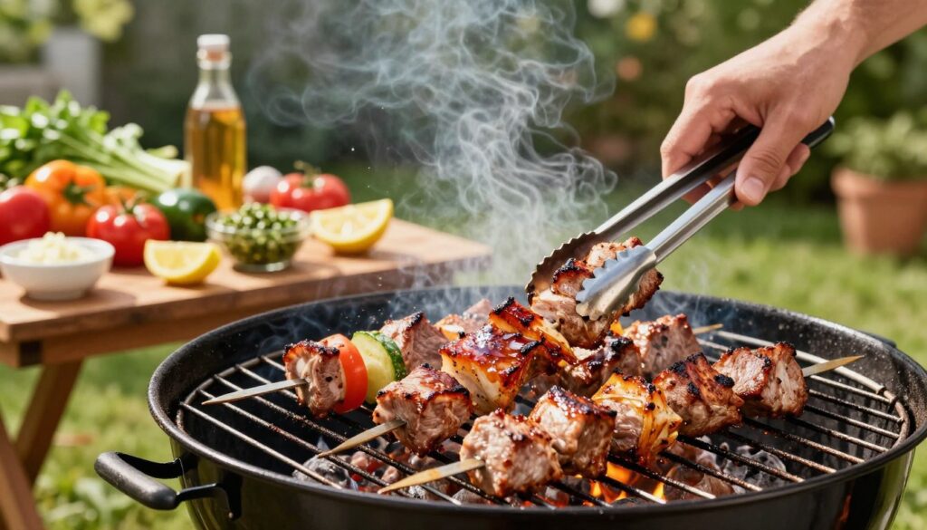 A vibrant outdoor grilling scene featuring kebabs sizzling on a charcoal grill, surrounded by an array of colorful vegetables and herbs. In the foreground, a close-up of juicy, marinated pork skewers being expertly turned with tongs, showcasing their mouthwatering glaze and sheen. In the middle ground, a wooden table filled with condiments like garlic sauce and chimichurri, along with fresh lemon wedges, enhancing the culinary atmosphere. The background has a lush garden setting with soft sunlight filtering through trees, creating a warm and inviting ambiance. Capture the essence of summer grilling, emphasizing the juicy textures and vibrant colors of the food. The image should convey a sense of delicious anticipation and outdoor enjoyment, with a focus on the art of grilling for a perfectly succulent result. A vibrant outdoor grilling scene featuring kebabs sizzling on a charcoal grill, surrounded by an array of colorful vegetables and herbs. In the foreground, a close-up of juicy, marinated pork skewers being expertly turned with tongs, showcasing their mouthwatering glaze and sheen. In the middle ground, a wooden table filled with condiments like garlic sauce and chimichurri, along with fresh lemon wedges, enhancing the culinary atmosphere. The background has a lush garden setting with soft sunlight filtering through trees, creating a warm and inviting ambiance. Capture the essence of summer grilling, emphasizing the juicy textures and vibrant colors of the food. The image should convey a sense of delicious anticipation and outdoor enjoyment, with a focus on the art of grilling for a perfectly succulent result.