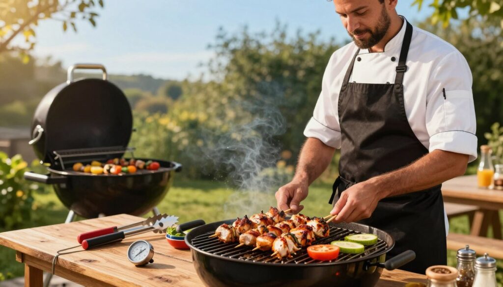 A vibrant outdoor grilling scene focused on avoiding common barbecue mistakes. In the foreground, a seasoned chef in a neat apron carefully checks marinated chicken skewers on a well-maintained grill with colorful vegetables. The middle ground showcases a variety of grilling tools, like tongs and a thermometer, placed strategically on a rustic wooden table. In the background, lush greenery and a bright blue sky can be seen to set a cheerful, inviting atmosphere, illuminated by warm, golden sunlight, casting soft shadows. The overall mood feels inviting and educational, emphasizing the importance of technique and preparation in grilling, showcasing an engaging and practical culinary approach. A vibrant outdoor grilling scene focused on avoiding common barbecue mistakes. In the foreground, a seasoned chef in a neat apron carefully checks marinated chicken skewers on a well-maintained grill with colorful vegetables. The middle ground showcases a variety of grilling tools, like tongs and a thermometer, placed strategically on a rustic wooden table. In the background, lush greenery and a bright blue sky can be seen to set a cheerful, inviting atmosphere, illuminated by warm, golden sunlight, casting soft shadows. The overall mood feels inviting and educational, emphasizing the importance of technique and preparation in grilling, showcasing an engaging and practical culinary approach.