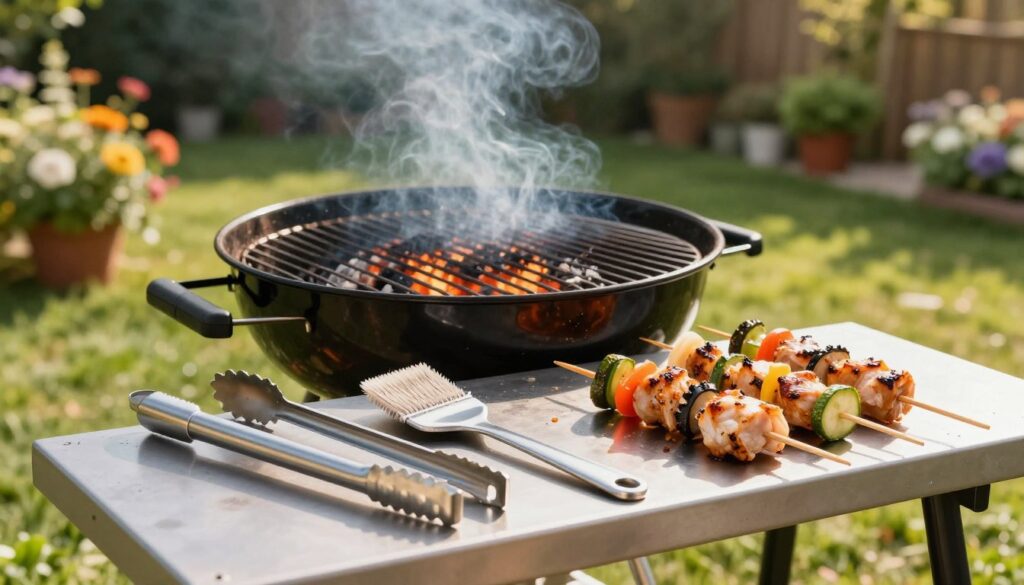 A vibrant outdoor grilling scene focused on essential barbecue accessories for grilling. In the foreground, a well-organized grilling station featuring a variety of indispensable tools: stainless steel tongs, a long-handled brush for cleaning the grill, and a set of colorful skewers holding marinated chicken and vegetables. In the middle ground, a charcoal grill filled with glowing coals, emitting subtle wisps of smoke. The background shows a lush garden setting with green grass and flowering plants, softly blurred to emphasize the accessories. The lighting is warm and natural, suggesting a sunny afternoon, with sunlight casting gentle shadows, creating a lively and inviting atmosphere perfect for outdoor cooking. A vibrant outdoor grilling scene focused on essential barbecue accessories for grilling. In the foreground, a well-organized grilling station featuring a variety of indispensable tools: stainless steel tongs, a long-handled brush for cleaning the grill, and a set of colorful skewers holding marinated chicken and vegetables. In the middle ground, a charcoal grill filled with glowing coals, emitting subtle wisps of smoke. The background shows a lush garden setting with green grass and flowering plants, softly blurred to emphasize the accessories. The lighting is warm and natural, suggesting a sunny afternoon, with sunlight casting gentle shadows, creating a lively and inviting atmosphere perfect for outdoor cooking.