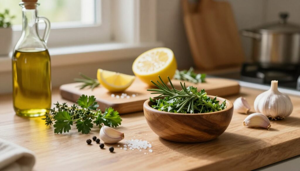 A vibrant, rustic kitchen countertop filled with the ingredients for a turkey marinade. In the foreground, a small wooden bowl brimming with a mix of freshly chopped herbs such as rosemary, thyme, and parsley, accompanied by whole spices like black pepper and garlic cloves. Nearby, a bottle of olive oil glistens in the soft, warm light. In the middle, a cutting board displays a halved lemon and a few glistening salt crystals, hinting at a zesty marinade. In the background, soft-focus kitchen utensils and a window letting in natural sunlight create a warm and inviting atmosphere. The scene should evoke a sense of home cooking and culinary creativity, emphasizing earthy tones and textures, with an emphasis on freshness and flavor.