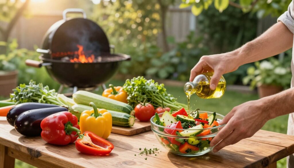 A vibrant scene of vegetable preparation for grilling, showcasing a rustic wooden table filled with an assortment of colorful, fresh vegetables such as bell peppers, zucchini, and eggplant. In the foreground, a pair of hands marinating the vegetables in a glass bowl, drizzling with olive oil and sprinkled with herbs. The middle ground features a grill in the process of being prepped, with bright red coals glowing beneath the grilling rack. The background includes a lush, green garden, softly lit by warm afternoon sunlight filtering through tree branches, creating a cheerful and inviting atmosphere. The overall mood is lively and appetizing, highlighting the delicious potential of grilled vegetables.