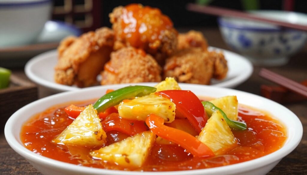 A vibrant scene showcasing a bowl of sweet and sour sauce, rich in color, with a glossy texture. In the foreground, the sauce swirls with shades of red, orange, and yellow, dotted with slices of pineapple and bell pepper, reflecting a blend of fruitiness and tanginess. In the middle ground, a beautifully arranged plate of crispy fried chicken pieces glistens under soft lighting, topped lightly with the sauce, inviting a mouthwatering appeal. The background features blurred elements of a traditional Chinese dining setting, such as chopsticks and decorative china, enhancing the authentic atmosphere. The overall composition is warm and inviting, evoking a sense of culinary adventure and comfort. The lighting is soft, creating a cozy ambiance, ideal for a culinary article about flavorful Asian cuisine.