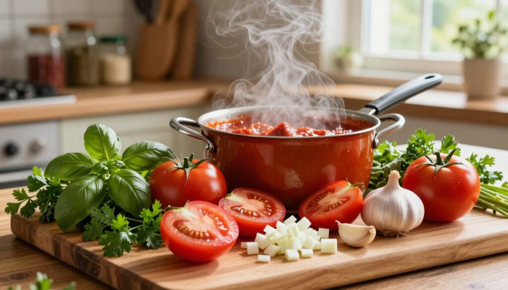 A vibrant still life composition showcasing the key ingredients of a homemade sauce base, ideal for meat dishes. In the foreground, a wooden cutting board displays a colorful array of fresh ingredients: ripe tomatoes, chopped onions, garlic cloves, and fragrant herbs such as basil and parsley. In the middle, a saucepan simmering with a rich red sauce emits steam, casting soft glimmers of light. The background includes a rustic kitchen setting with shelves of spices and utensils, providing context. Natural, warm lighting filters through a nearby window, creating a cozy and inviting atmosphere. The focus is sharp on the ingredients, emphasizing their freshness and vibrant colors, while the background maintains a soft blur to enhance depth.
