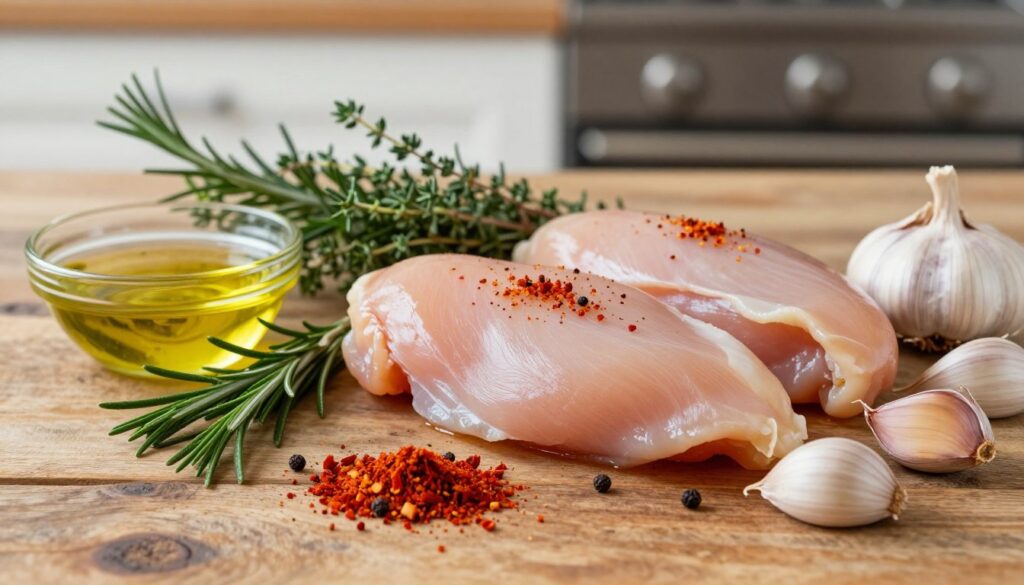 A visually appealing arrangement of essential marinade ingredients for chicken breast, featuring a close-up view of fresh herbs like rosemary and thyme, alongside vibrant spices such as paprika and black pepper. Include a small bowl of olive oil and a few cloves of garlic, all placed on a rustic wooden table. Soft, natural lighting enhances the colors, creating a warm and inviting atmosphere. In the background, a blurred kitchen scene with a hint of grilling equipment subtly suggests preparation. The composition should evoke a sense of home cooking and simplicity, focusing on the textures and colors of the ingredients, emphasizing their freshness and aromatic qualities.