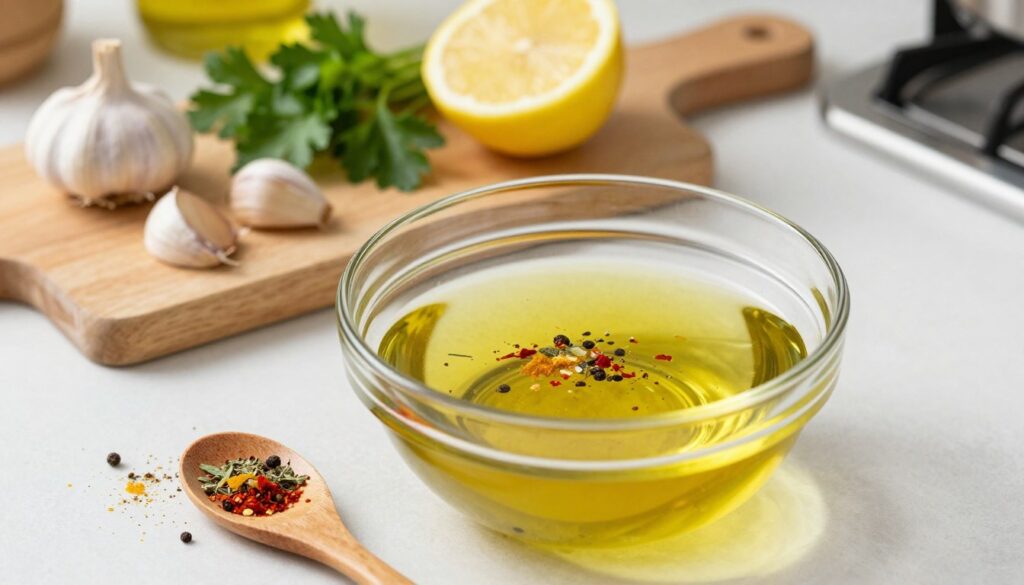 A visually appealing kitchen scene focused on preparing a marinade base with olive oil and spices. In the foreground, a clear glass bowl filled with golden olive oil, scattered with a colorful array of spices like paprika, garlic powder, and dried herbs. A wooden spoon rests beside the bowl, hinting at the mixing process. The middle ground features a wooden cutting board with fresh ingredients—garlic cloves, a lemon cut in half, and sprigs of fresh parsley, adding a touch of freshness. The background displays a softly blurred kitchen atmosphere with warm, natural lighting, creating a cozy and inviting mood. The perspective is slightly top-down, offering a comprehensive view of the preparation process while maintaining a clean and organized look, free from clutter.