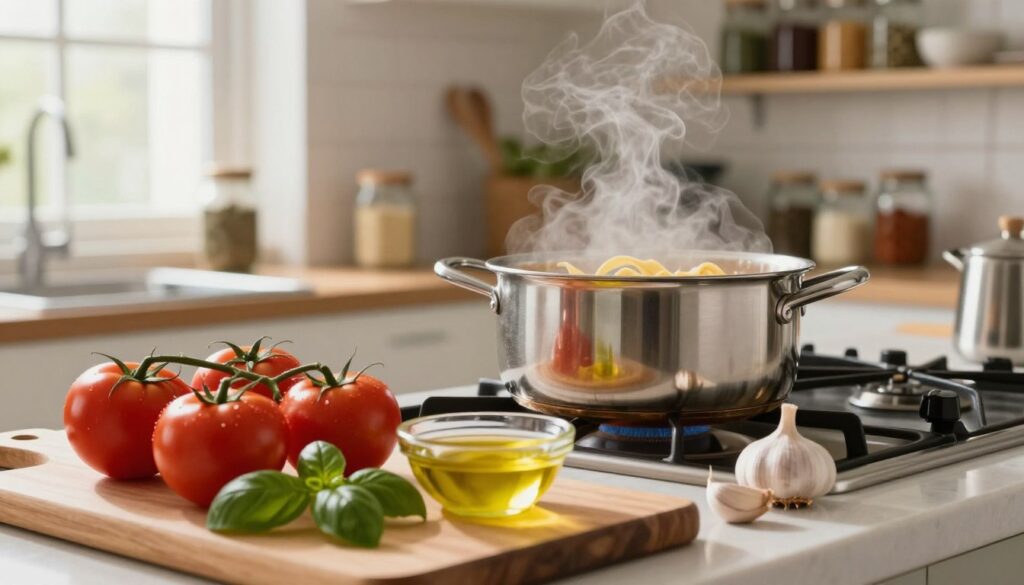 A visually appealing kitchen scene showcasing essential ingredients for quick pasta sauces. In the foreground, a wooden cutting board is adorned with fresh tomatoes, basil leaves, garlic cloves, and a small bowl of olive oil, all displayed in vibrant, appetizing colors. In the middle ground, a pot of simmering pasta on the stove emits a light steam, reflecting a warm, inviting cooking atmosphere. The background features open shelves filled with jars of spices and dried herbs, emphasizing a well-stocked kitchen. Soft, natural light streams in through a window, creating a cozy ambiance. The scene captures a sense of simplicity and creativity, inspiring viewers to whip up quick and easy pasta sauces in their own kitchens. A visually appealing kitchen scene showcasing essential ingredients for quick pasta sauces. In the foreground, a wooden cutting board is adorned with fresh tomatoes, basil leaves, garlic cloves, and a small bowl of olive oil, all displayed in vibrant, appetizing colors. In the middle ground, a pot of simmering pasta on the stove emits a light steam, reflecting a warm, inviting cooking atmosphere. The background features open shelves filled with jars of spices and dried herbs, emphasizing a well-stocked kitchen. Soft, natural light streams in through a window, creating a cozy ambiance. The scene captures a sense of simplicity and creativity, inspiring viewers to whip up quick and easy pasta sauces in their own kitchens.