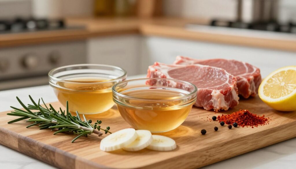 A visually appealing kitchen scene showcasing the process of preparing a marinade for pork chops. In the foreground, a wooden cutting board displays fresh herbs like rosemary and thyme, along with sliced garlic and lemons. A small glass bowl filled with a rich, golden marinade sits nearby. In the middle ground, a set of marinated pork chops in a shallow dish is surrounded by colorful spices like paprika and black peppercorns. The background features a softly blurred kitchen setting with warm, inviting ambient lighting, hinting at a cozy home-cooking atmosphere. Capture the clarity of each ingredient and the natural textures, using a shallow depth of field to focus on the marinade process. Aim for a warm and inviting mood, highlighting the essence of homemade cooking.