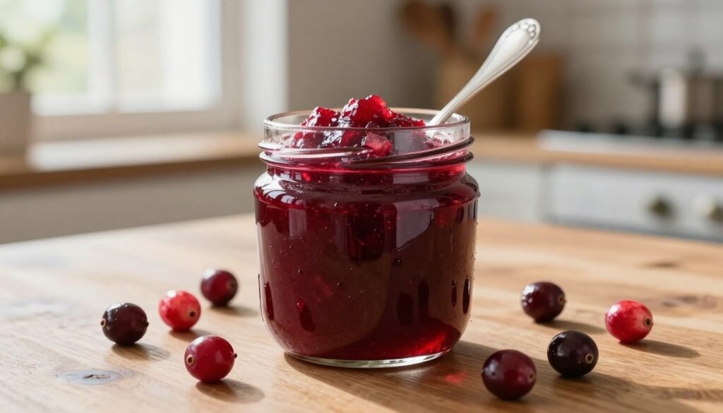 A visually appealing scene of homemade cranberry sauce, glistening and vibrant, is displayed in a glass jar on a wooden kitchen table. The foreground features the jar filled with a rich, deep red sauce, the texture inviting and glossy, with cranberries scattered artfully around it. In the middle, a silver spoon rests against the jar, hinting at its recent use. Soft, natural light filters through a nearby window, illuminating the jar and creating gentle reflections. In the background, a blurred kitchen setting with rustic elements like wooden utensils and a hint of seasonal decor enhances the homely atmosphere. The mood is warm and inviting, perfect for a cozy cooking moment, emphasizing the theme of preserving and freezing flavors.