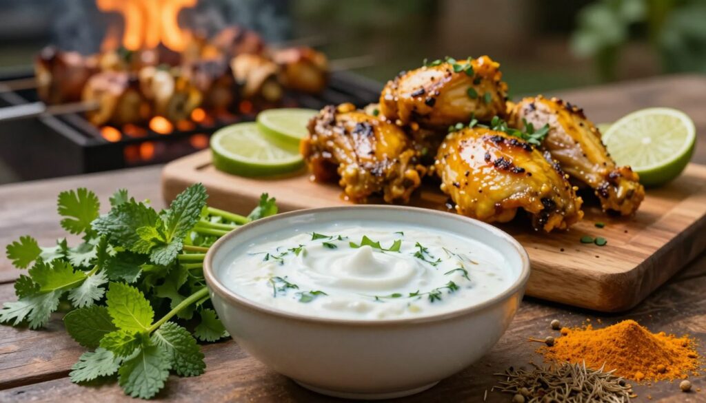 A visually rich and inviting Indian yogurt-herb marinade displayed in a rustic setting. In the foreground, a bowl of thick, creamy yogurt is surrounded by fresh green herbs such as cilantro and mint, along with spices like turmeric, cumin, and coriander, showcasing vibrant colors. In the middle ground, marinated chicken pieces glistening with a rich, golden hue sit on a wooden cutting board, garnished with slices of lime and sprigs of herbs. The background features a softly blurred outdoor grill with flames licking beneath marinated chicken skewers, capturing the warmth of a summer evening. Use soft, natural lighting to evoke an inviting atmosphere, with a shallow depth of field to focus on the marinade and chicken, highlighting their textures and colors beautifully.