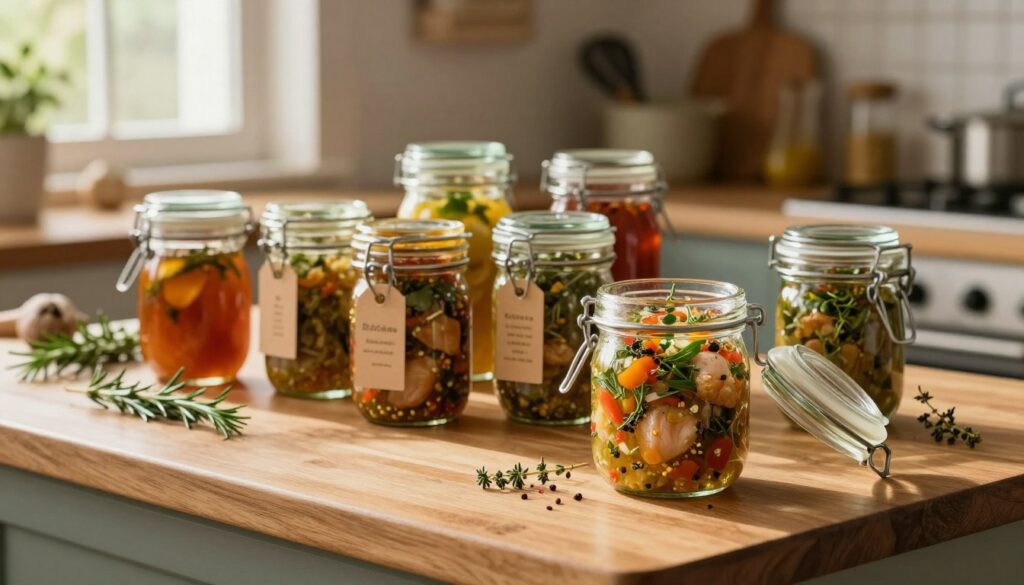 A vivid kitchen scene featuring jars filled with marinades for chicken, neatly arranged on a wooden countertop. In the foreground, a clear glass jar with a vibrant, aromatic chicken marinade is open, its colorful herbs and spices visible. In the middle, various other jars showcase different marinades, some labeled with tags. Soft, warm lighting pours in from a nearby window, casting gentle shadows and highlighting the textures of the counter and jars. Fresh herbs like rosemary and thyme are scattered around the base of the jars, enhancing the inviting atmosphere. A blurred background reveals a rustic kitchen shelf with cooking utensils and additional ingredients, creating a homely, cozy feel. The overall mood conveys a sense of preparation and culinary creativity.
