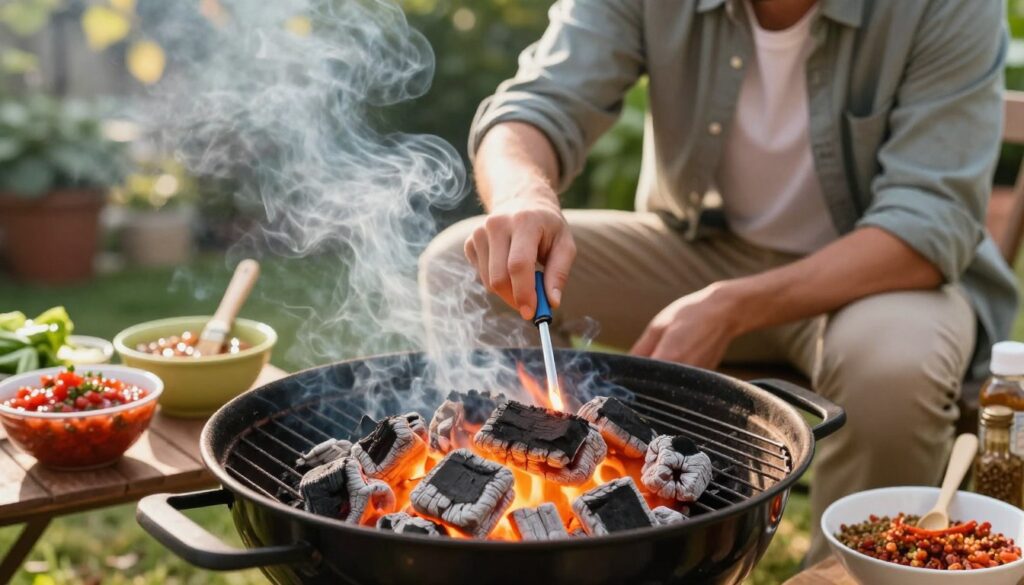A vivid outdoor barbecue scene featuring a person in casual, modest clothing preparing to light a charcoal grill. In the foreground, glowing coals emit a warm radiance, with wisps of smoke curling upward, hinting at the flavorful cooking ahead. The middle of the image captures the individual kneeling beside the grill, using a long lighter to ignite the charcoal, showcasing focused concentration. Surrounding the grill, bowls of vibrant marinades, brushes, and spices are artistically arranged, adding a colorful splash to the scene. The background is a lush garden or backyard setting with greenery and sunlight filtering through trees, creating a warm, inviting atmosphere perfect for summer grilling. The angle is slightly elevated, capturing both the grill and the person in action, emphasizing the preparation and control required for grilling.