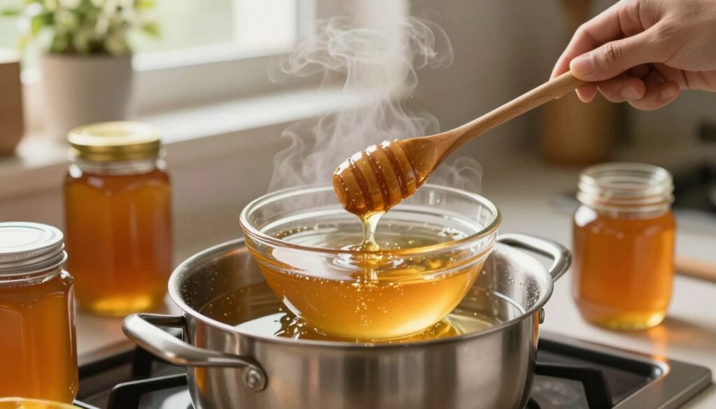 A warm and inviting kitchen scene featuring a glass bowl filled with crystallized honey being gently heated in a water bath. In the foreground, show a stainless steel pot simmering on the stove, with steam rising to create a cozy atmosphere. Surround the pot with jars of honey in different states—some crystallized, some perfectly fluid. In the middle ground, include a wooden spoon stirring the honey, capturing the moment of transformation as it begins to liquefy. The background should feature soft, natural light filtering through a window with plants on the sill, enhancing the warmth of the setting. Use a shallow depth of field to focus on the honey in the bowl, evoking a sense of care and the safe method of liquefying honey.