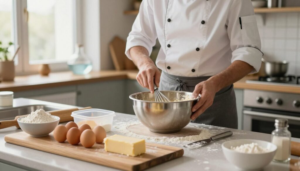 A warm and inviting kitchen scene, showcasing the preparation of choux pastry for a classic karpatka. In the foreground, a wooden cutting board displays a well-organized layout of essential ingredients: flour in a small bowl, eggs in a clear container, and a stick of butter, all ready for mixing. A large stainless steel mixing bowl sits prominently, with a whisk leaning against it. The middle ground features a chef in a modest, professional outfit, focused intently as they mix the batter, surrounded by scattered flour and a lightly dusted countertop. In the background, soft, natural light streams through a window, illuminating the space and creating a cozy atmosphere, with kitchen utensils and a bowl of water visible on the shelves. The image conveys a sense of concentration and warmth, inviting the viewer into the baking process. A warm and inviting kitchen scene, showcasing the preparation of choux pastry for a classic karpatka. In the foreground, a wooden cutting board displays a well-organized layout of essential ingredients: flour in a small bowl, eggs in a clear container, and a stick of butter, all ready for mixing. A large stainless steel mixing bowl sits prominently, with a whisk leaning against it. The middle ground features a chef in a modest, professional outfit, focused intently as they mix the batter, surrounded by scattered flour and a lightly dusted countertop. In the background, soft, natural light streams through a window, illuminating the space and creating a cozy atmosphere, with kitchen utensils and a bowl of water visible on the shelves. The image conveys a sense of concentration and warmth, inviting the viewer into the baking process.