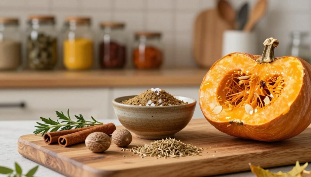 A warm, inviting kitchen scene showcasing a collection of essential spices for roasted pumpkin. In the foreground, a wooden cutting board displays vibrant spices like cinnamon stick, nutmeg, cumin, and fresh herbs, artfully arranged next to a halved, roasted pumpkin revealing its soft, golden flesh. In the middle, a rustic bowl holds a blend of ground spices dusted with a hint of shimmering salt. The background features soft-focus shelves lined with jars of spices and cooking utensils, bathed in warm, natural lighting that suggests a cozy autumn atmosphere. Capture the overall feeling of warmth and comfort, evoking the rich smells and flavors enhancing the roasted pumpkin experience.