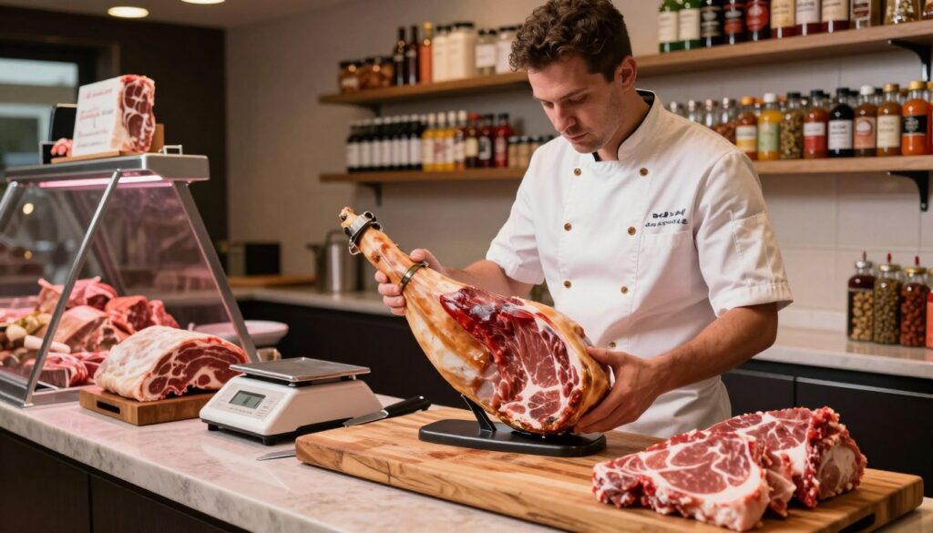 A well-lit butcher shop interior showcasing a skilled butcher in professional attire carefully selecting a prime cut of pork for roasting. In the foreground, a wooden cutting board is displayed with various cuts of pork, highlighting the marbling and texture of the meat. The middle ground features the butcher examining a beautiful piece of ham, with tools like a scale and a meat cleaver nearby. The background is filled with shelves lined with spices, marinades, and other culinary items, creating an inviting atmosphere. Soft, warm lighting enhances the rich colors of the meat and the rustic wooden elements, evoking a sense of craftsmanship and care in selecting the ideal meat cut for a delicious roast.