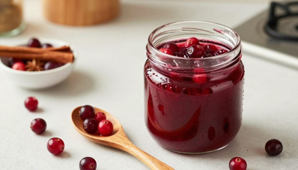 A well-lit kitchen countertop setting, featuring a glass jar filled with vibrant, glossy cranberry sauce, showcasing its rich red color. In the foreground, a wooden spoon rests beside the jar, emphasizing the technique of preparing the sauce without cooking. Fresh cranberries scattered around add a touch of natural vibrancy, while a small bowl of spices, like cinnamon and nutmeg, hint at flavor enhancement. In the background, a blurred kitchen scene with soft, warm lighting creates a cozy atmosphere, inviting viewers into a homey cooking experience. The angle is slightly top-down, providing a clear view of the sauce preparation process, with soft shadows adding depth and warmth to the image.