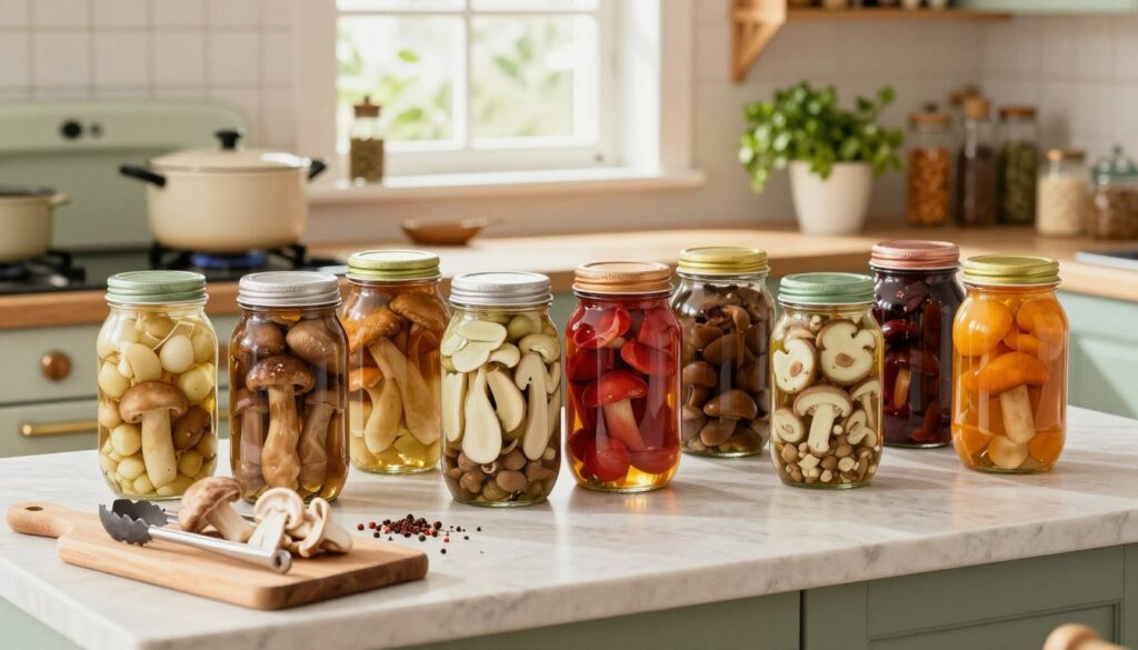 A well-lit kitchen countertop showcasing a colorful array of jars filled with pickled mushrooms, neatly lined up. Each jar displays a different variety of mushrooms, some sliced and some whole, all in vibrant colors. Soft, natural light filters through a nearby window, creating a warm and inviting atmosphere. In the background, a vintage stove with a pot boiling, and shelves lined with herbs and spices. A small table in the foreground holds a wooden cutting board with fresh mushrooms, spices, and a pair of canning tongs. The scene evokes a sense of homey comfort and traditional food preservation techniques, highlighting the process of canning and the joy of creating flavorful preserves.