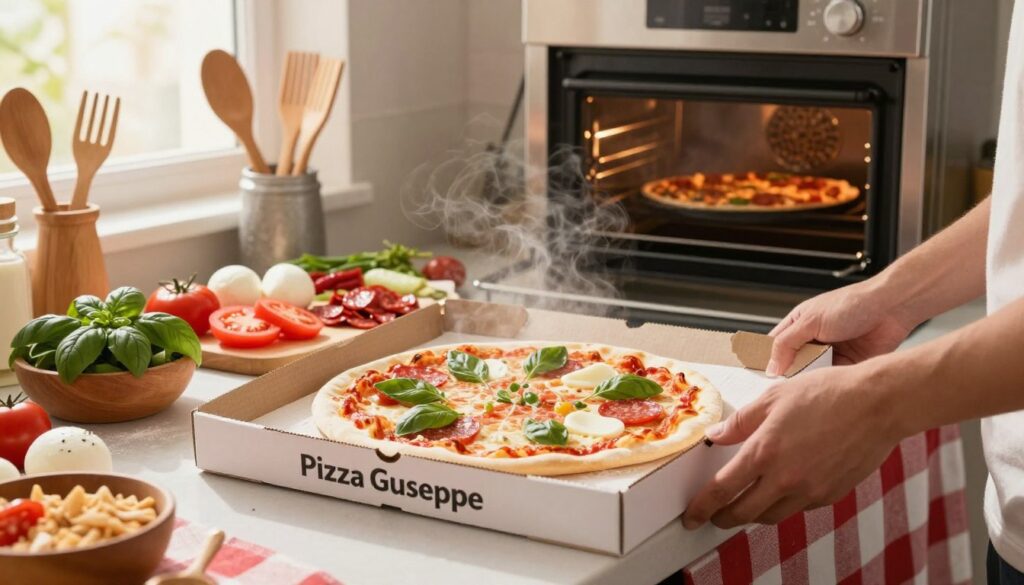 A well-lit kitchen countertop showcasing the preparation of a frozen pizza, labeled "Pizza Guseppe". In the foreground, a hand is reaching for a pizza box, with steam rising gently from a nearby oven preheating for cooking. The middle of the scene features a colorful array of toppings—fresh basil, sliced tomatoes, mozzarella cheese, and pepperoni. The background contains a cozy kitchen atmosphere, with utensils neatly arranged and a checked tablecloth adding charm. Soft, warm lighting creates an inviting feel, simulating late afternoon sunlight, while a shallow depth of field keeps the focus on the pizza preparation. The mood is lively and engaging, highlighting the excitement of preparing a delicious meal.