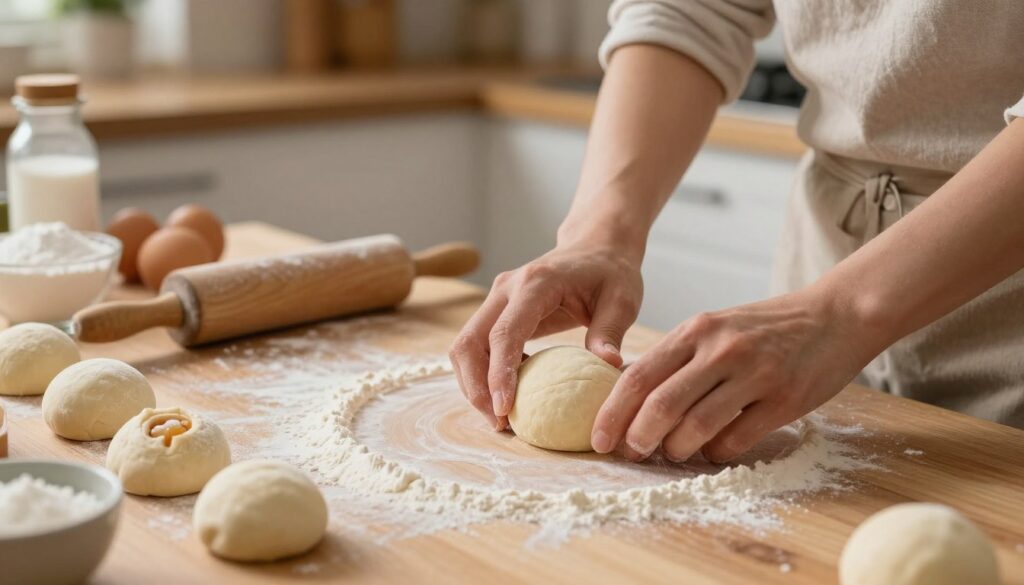 A well-lit kitchen setting, showcasing the process of shaping dough for traditional Polish pączki. In the foreground, a pair of hands in modest casual clothing expertly manipulates round pieces of dough, forming them into smooth balls. A wooden countertop is dusted with flour, with additional dough pieces resting beside, some with an indent for filling. In the middle, a rolling pin and nearby ingredients like sugar, eggs, and flour hint at the preparation process. The background features a warm, inviting kitchen with soft ambient lighting, enhancing the cozy atmosphere. Focus on the textures of the dough and the meticulous technique involved in shaping pączki, capturing the essence of precision and craftsmanship in this culinary art.