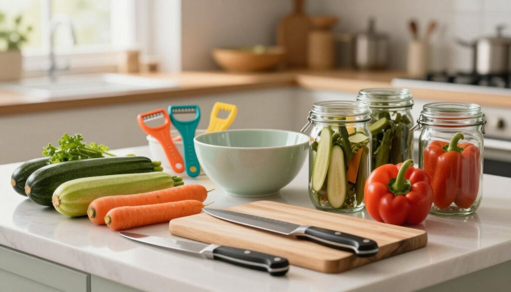 A well-organized kitchen countertop filled with essential vegetable accessories, including a vibrant assortment of fresh zucchini, carrots, and peppers. In the foreground, showcase essential tools like a sharp chef's knife, a wooden cutting board, and glass jars ready for pickling. The middle layer features colorful vegetable peelers, measuring cups, and mixing bowls, all arranged neatly. In the background, a softly blurred kitchen setting with natural light streaming in through a window, creating a warm and inviting atmosphere. The image should evoke a sense of warmth and readiness for cooking, with a focus on the tools essential for preserving vegetables. Ensure the composition is balanced, with a shallow depth of field to emphasize the tools, creating a cozy, inspiring kitchen scene perfect for culinary creativity. A well-organized kitchen countertop filled with essential vegetable accessories, including a vibrant assortment of fresh zucchini, carrots, and peppers. In the foreground, showcase essential tools like a sharp chef's knife, a wooden cutting board, and glass jars ready for pickling. The middle layer features colorful vegetable peelers, measuring cups, and mixing bowls, all arranged neatly. In the background, a softly blurred kitchen setting with natural light streaming in through a window, creating a warm and inviting atmosphere. The image should evoke a sense of warmth and readiness for cooking, with a focus on the tools essential for preserving vegetables. Ensure the composition is balanced, with a shallow depth of field to emphasize the tools, creating a cozy, inspiring kitchen scene perfect for culinary creativity.