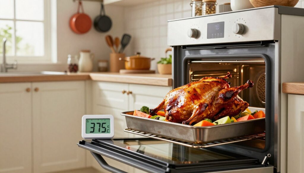 A well-organized kitchen scene featuring a modern oven with its door slightly open, showcasing a beautifully roasted duck with crispy skin on a roasting pan, surrounded by colorful vegetables. In the foreground, a digital thermometer displaying an ideal temperature setting of 375°F for roasting, casting a soft glow. The middle ground captures a countertop lined with cooking utensils and spices, emphasizing an inviting atmosphere for culinary enthusiasts. The background features tasteful kitchen decor, including pots hanging on the wall and a window with natural light pouring in, highlighting the vibrant colors of the dish. The overall mood is warm and inviting, ideal for cooking inspiration, with a focus on culinary precision and tantalizing presentation. A well-organized kitchen scene featuring a modern oven with its door slightly open, showcasing a beautifully roasted duck with crispy skin on a roasting pan, surrounded by colorful vegetables. In the foreground, a digital thermometer displaying an ideal temperature setting of 375°F for roasting, casting a soft glow. The middle ground captures a countertop lined with cooking utensils and spices, emphasizing an inviting atmosphere for culinary enthusiasts. The background features tasteful kitchen decor, including pots hanging on the wall and a window with natural light pouring in, highlighting the vibrant colors of the dish. The overall mood is warm and inviting, ideal for cooking inspiration, with a focus on culinary precision and tantalizing presentation.