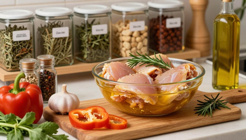 A well-organized kitchen scene featuring various fresh ingredients for marinating chicken thighs. In the foreground, a wooden cutting board displays vibrant vegetables like bell peppers, garlic, and herbs, with jars of spices and olive oil nearby. In the middle, an aesthetically arranged collection of marinated chicken thighs in a glass bowl, showing a rich, golden marinade, with a fresh sprig of rosemary on top. The background includes shelves lined with neatly labeled glass containers, showcasing dried herbs and spices in warm, inviting lighting that enhances the natural colors of the ingredients. The atmosphere is cozy and inviting, emphasizing the importance of ingredient quality and storage methods in culinary practices.