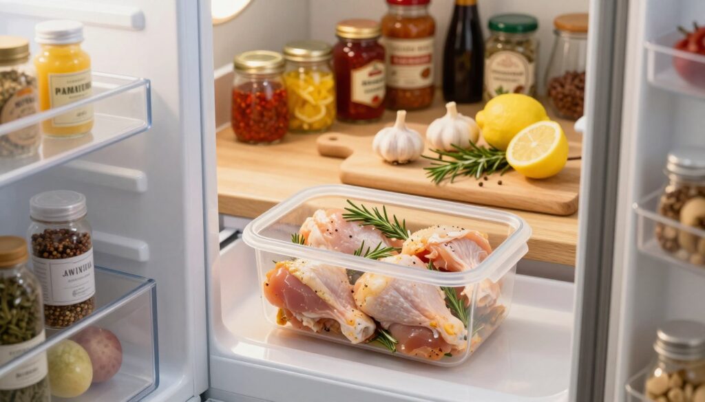 A well-organized kitchen scene showcasing the safe storage of chicken thighs. In the foreground, a modern refrigerator door slightly ajar, revealing neatly arranged marinated chicken thighs in a transparent container, surrounded by herbs and spices. In the middle, a wooden countertop with a cutting board featuring fresh ingredients like garlic, lemon, and rosemary, enhancing the marination theme. The background includes shelves filled with jars of sauces and spices, well-organized for easy access. Soft, warm lighting creates a cozy atmosphere, emphasizing the freshness of the ingredients, while a shallow depth of field draws attention to the marinated chicken. The angle is slightly above eye level, giving a clear view of the storage and preparation area, inviting a sense of culinary inspiration and food safety.