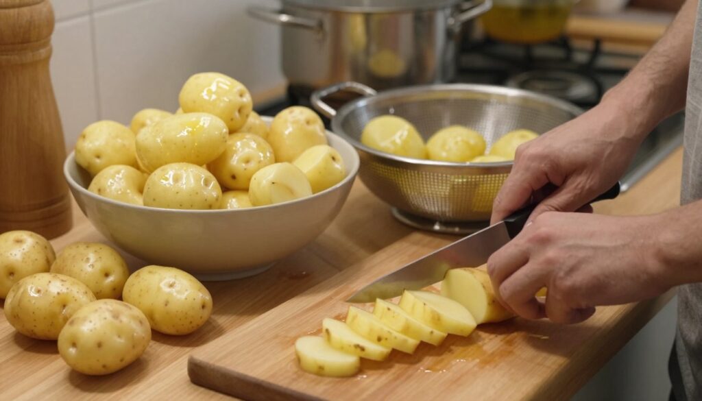 A wooden kitchen counter filled with fresh, unpeeled potatoes ready for preparation. The foreground features hands in casual attire, skillfully cutting the potatoes into uniform fry shapes with a sharp knife. In the middle ground, a large bowl collects the cut potatoes, while a colander holds some partially cooked ones, glistening with oil. The background shows a blurred kitchen setting with pots and pans, hinting at a busy cooking environment. Soft, warm lighting creates a cozy atmosphere, illuminating the shiny potatoes and emphasizing their texture. The scene captures a sense of anticipation and flavor, perfect for illustrating the steps of preparing potatoes before frying them.