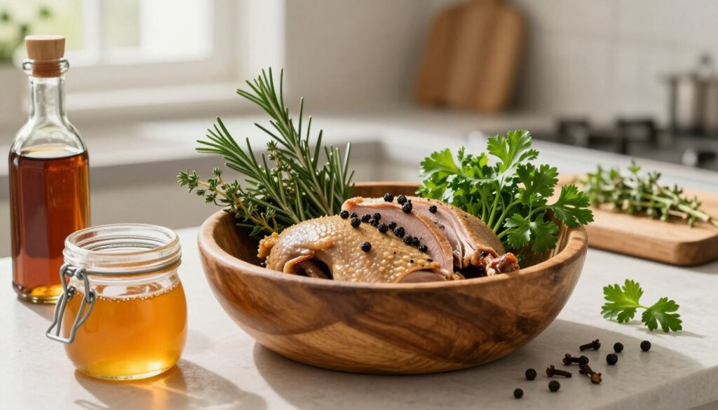 An artistic arrangement of duck marinade ingredients, featuring vibrant fresh herbs like rosemary, thyme, and parsley, alongside aromatic spices such as black peppercorns and cloves, in a rustic wooden bowl. In the foreground, a small glass jar filled with honey and a bottle of balsamic vinegar are elegantly placed. The background showcases a soft-focus kitchen setting, with herbs and a cutting board for added texture. Warm, natural lighting filters through a nearby window, casting gentle shadows to enhance the scene. The overall atmosphere conveys a cozy, home-cooked feel, inviting the viewer into the culinary process of preparing a flavorful duck marinade.