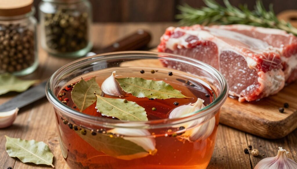 An artistic depiction of the process of "wet curing" meat, featuring a close-up view of marinated meat submerged in a vibrant brine solution, infused with spices like garlic, bay leaves, and peppercorns. In the foreground, a glass container filled with the brine showcases vivid colors and texture. The middle ground reveals pieces of raw meat, glistening with the brine, resting on a wooden cutting board. In the background, subtly blurred kitchen elements like jars of spices, an old-fashioned meat knife, and herbs create a cozy, rustic atmosphere. Soft, warm lighting enhances the inviting ambiance, casting gentle shadows and emphasizing the textural details of the ingredients. The scene evokes a sense of culinary tradition and craftsmanship.