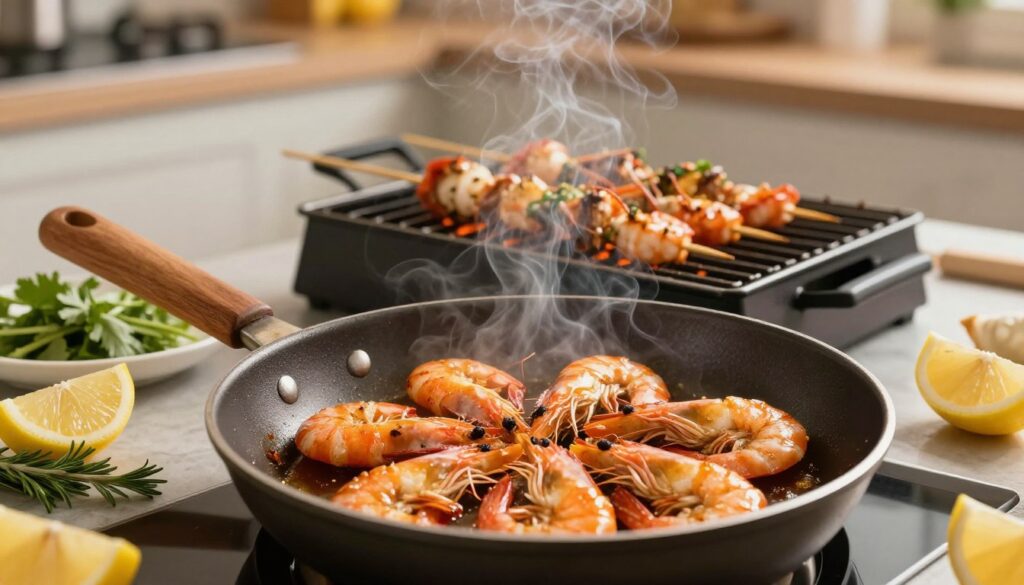 An elegant cooking scene showcasing various techniques of frying and grilling shrimp. In the foreground, a sizzling skillet with golden, perfectly cooked shrimp glistening, surrounded by herbs and lemon wedges, emphasizing freshness. In the middle ground, a grill with skewered shrimp, smoke gently rising, creating a dynamic atmosphere. The background features a modern kitchen setting with soft, warm lighting, enhancing the inviting feel of culinary creativity. Capture the scene from a slightly elevated angle to provide depth and perspective. The overall mood should be vibrant and lively, evoking the excitement of seafood cooking, rich with color and texture, without any people or text.
