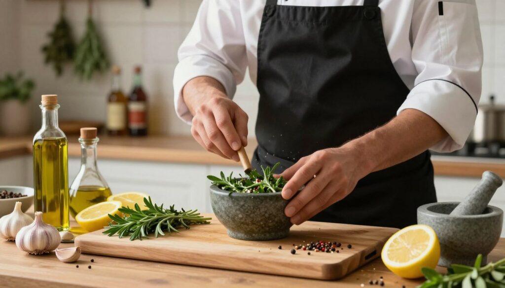 An elegant kitchen scene showcasing the techniques of preparing a flavorful marinade. In the foreground, a wooden cutting board displays a vibrant array of fresh herbs, spices, and ingredients like garlic, lemon, and olive oil, with a mortar and pestle beside them. In the middle ground, a chef in professional attire meticulously combines the ingredients, exuding focus and creativity. The background features a softly lit kitchen environment, with hanging herbs and bottles of spices, conveying a warm and inviting atmosphere. The image is bathed in natural light, highlighting the textures of the ingredients and the chef’s determination. The angle captures both the action of preparation and the array of colorful ingredients in a harmonious composition. The mood is inspiring and aromatic, perfect for enticing readers into the art of marinating.