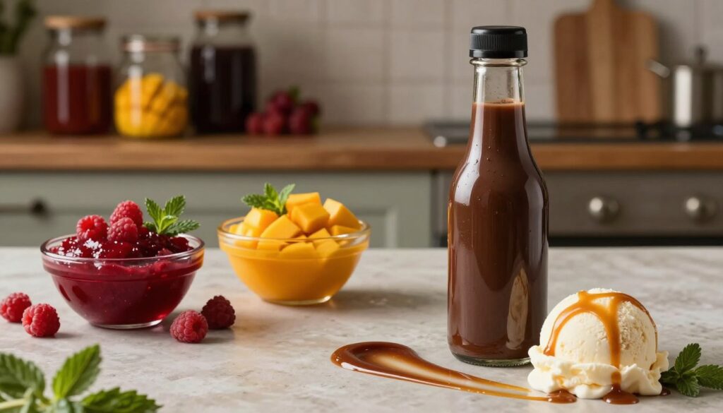 An elegant kitchen setting, showcasing a beautifully arranged selection of gourmet sauces. In the foreground, a glass bottle filled with a rich, glossy chocolate sauce, glistening under soft warm light, is accompanied by a delicate drizzle of caramel sauce on a scoop of vanilla ice cream. In the middle ground, colorful fruit sauces in vibrant shades of raspberry and mango are artfully presented in small bowls, enhancing the luxurious feel. The background features rustic wooden shelves with jars of fresh fruit and herbs, adding depth and a homey atmosphere to the scene. The lighting is soft and inviting, illuminating the sauces as if inviting the viewer to taste them. The scene conveys a sense of quality and sophistication synonymous with artisanal Italian producers.