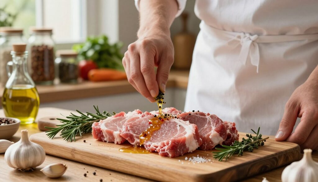 An inviting kitchen scene focused on the preparation of pork neck (karkówka) for marinating. In the foreground, a rustic wooden cutting board is filled with thick, juicy slices of pork neck, lightly sprinkled with salt and pepper. Fresh garlic cloves and vibrant herbs like rosemary and thyme surround the meat, enhancing the appetizing atmosphere. In the middle ground, a chef in a simple white apron carefully rubs a rich marinade, with a mixture of olive oil, garlic, and colorful spices, into the meat. The background features shelves filled with jars of spices and fresh vegetables, bathed in warm, natural lighting from a nearby window, creating a homely feel. The angle captures the culinary focus, evoking a mood of anticipation and warmth in a cozy kitchen setting.