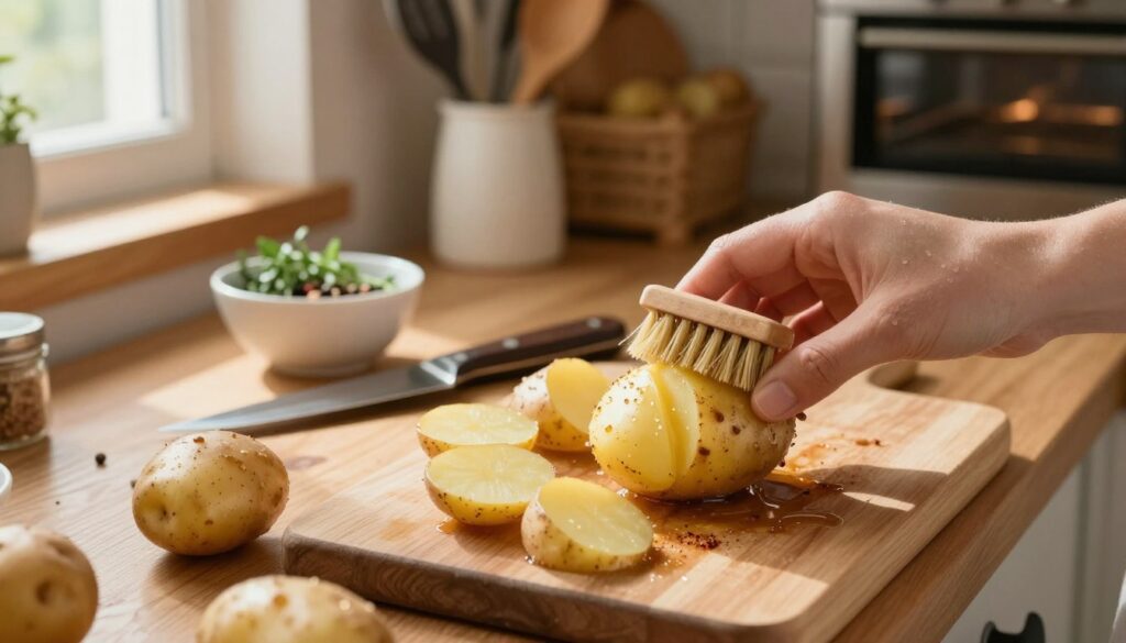 Close-up shot of a wooden kitchen countertop adorned with freshly washed potatoes ready for roasting. The foreground features a hand gently scrubbing a potato with a brush, water droplets glistening in the soft, natural light streaming in from a nearby window. In the middle, there is a wooden cutting board with a sharp knife and a bowl filled with herbs and spices to season the potatoes. The background shows warm wooden shelves stocked with cooking utensils and a hint of an oven preheating, creating a cozy, inviting kitchen atmosphere. The overall mood is homey and warm, emphasizing the preparation and care that goes into cooking delicious baked potatoes. Close-up shot of a wooden kitchen countertop adorned with freshly washed potatoes ready for roasting. The foreground features a hand gently scrubbing a potato with a brush, water droplets glistening in the soft, natural light streaming in from a nearby window. In the middle, there is a wooden cutting board with a sharp knife and a bowl filled with herbs and spices to season the potatoes. The background shows warm wooden shelves stocked with cooking utensils and a hint of an oven preheating, creating a cozy, inviting kitchen atmosphere. The overall mood is homey and warm, emphasizing the preparation and care that goes into cooking delicious baked potatoes.