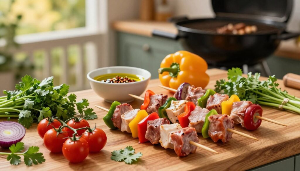 Colorful ingredients for kebabs on a wooden kitchen countertop. In the foreground, skewers with marinated pieces of pork are surrounded by vibrant vegetables: bell peppers, red onions, and cherry tomatoes. Fresh herbs like parsley and cilantro are scattered around, adding a touch of green. The middle ground features a small ceramic bowl with a rich marinade of olive oil, garlic, and spices, hinting at the flavors to come. In the background, a grill is set up with a rustic outdoor ambiance, complete with soft, warm lighting that suggests a sunny day. The overall mood is inviting and lively, perfect for a summer barbecue gathering. Emphasize rich colors and a sharp focus on the ingredients while keeping the background slightly blurred to enhance depth. Colorful ingredients for kebabs on a wooden kitchen countertop. In the foreground, skewers with marinated pieces of pork are surrounded by vibrant vegetables: bell peppers, red onions, and cherry tomatoes. Fresh herbs like parsley and cilantro are scattered around, adding a touch of green. The middle ground features a small ceramic bowl with a rich marinade of olive oil, garlic, and spices, hinting at the flavors to come. In the background, a grill is set up with a rustic outdoor ambiance, complete with soft, warm lighting that suggests a sunny day. The overall mood is inviting and lively, perfect for a summer barbecue gathering. Emphasize rich colors and a sharp focus on the ingredients while keeping the background slightly blurred to enhance depth.