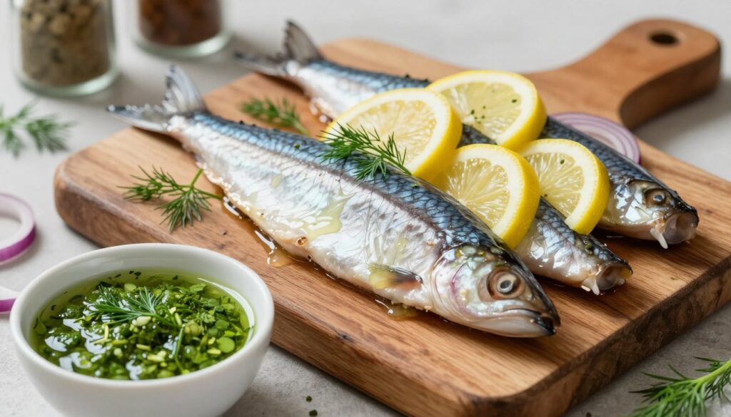 Fresh herring fillets beautifully presented on a rustic wooden cutting board. The fillets are glistening, lightly marinated, and garnished with slices of lemon, fresh dill, and red onions to enhance color and appeal. In the foreground, a small elegant bowl holds a vibrant green herb marinade, showcasing its texture with herbs visibly floating. The middle ground features the cutting board with the fillets displaying their glossy texture under soft, natural light, capturing a serene and inviting atmosphere. The background subtly fades into a kitchen setting with blurry spices and cooking tools, evoking a warm, homey feeling typical of holiday preparations. Use a slightly overhead angle for a comprehensive view, with a focus on the herring fillets, ensuring clarity and inviting allure.