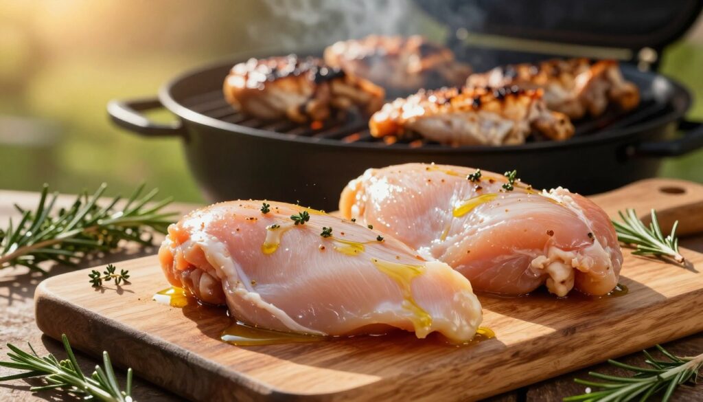 Fresh, raw chicken breasts, glistening with a light coating of olive oil and marinade, rest enticingly on a rustic wooden cutting board in the foreground. In the middle ground, capturing the essence of grilling, a well-seasoned grill sizzles under warm, golden hour sunlight, casting soft shadows. Lush herbs like rosemary and thyme are scattered around, adding a vibrant touch to the scene. The background features a blurred outdoor setting with a hint of greenery, suggesting a summer barbecue atmosphere. The lighting is warm and inviting, enhancing the textures of the chicken and the grill. The overall mood is vibrant and appetizing, perfect for showcasing the grilling and baking of poultry.